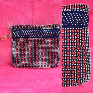 60s navy blue white red reversible beaded bag (OS)